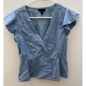 Women's J.CREW Size 6 Blue Chambray Flutter Sleeve Wrap Peplum Top